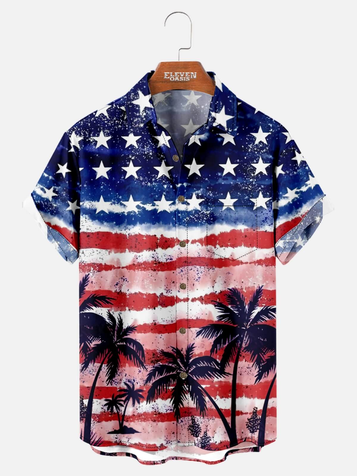 Men's Stars and Stripes Tropical Paradise Hawaiian Short Sleeve Shirt Eleven Oasis