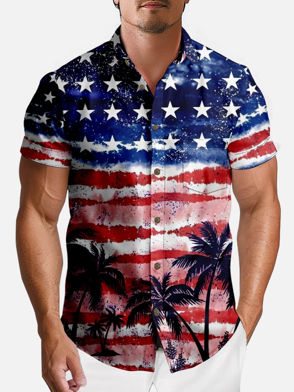 Men's Stars and Stripes Tropical Paradise Hawaiian Short Sleeve Shirt Eleven Oasis