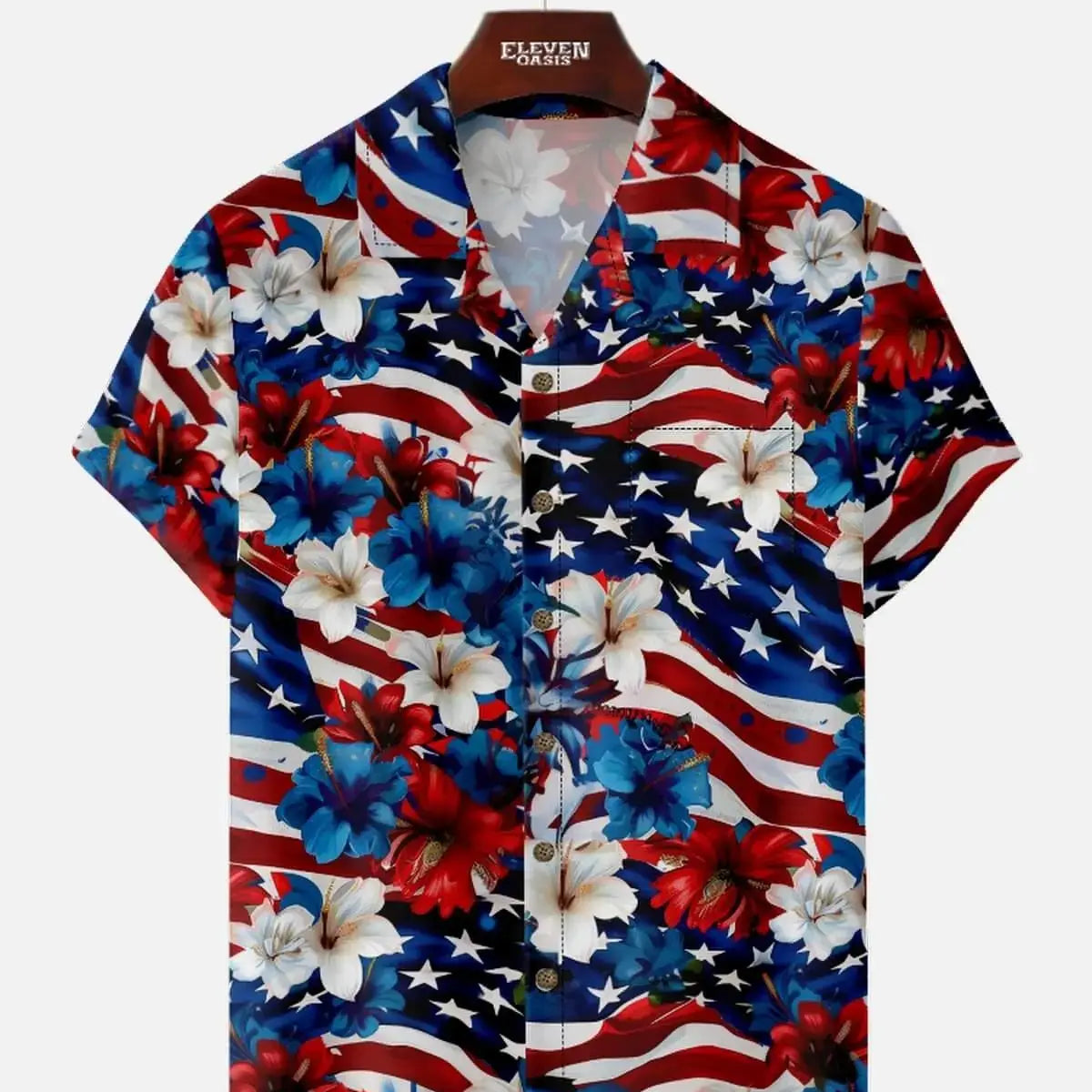 Men's Patriotic Hibiscus Flag Hawaiian Short Sleeve Shirt ElevenOasis