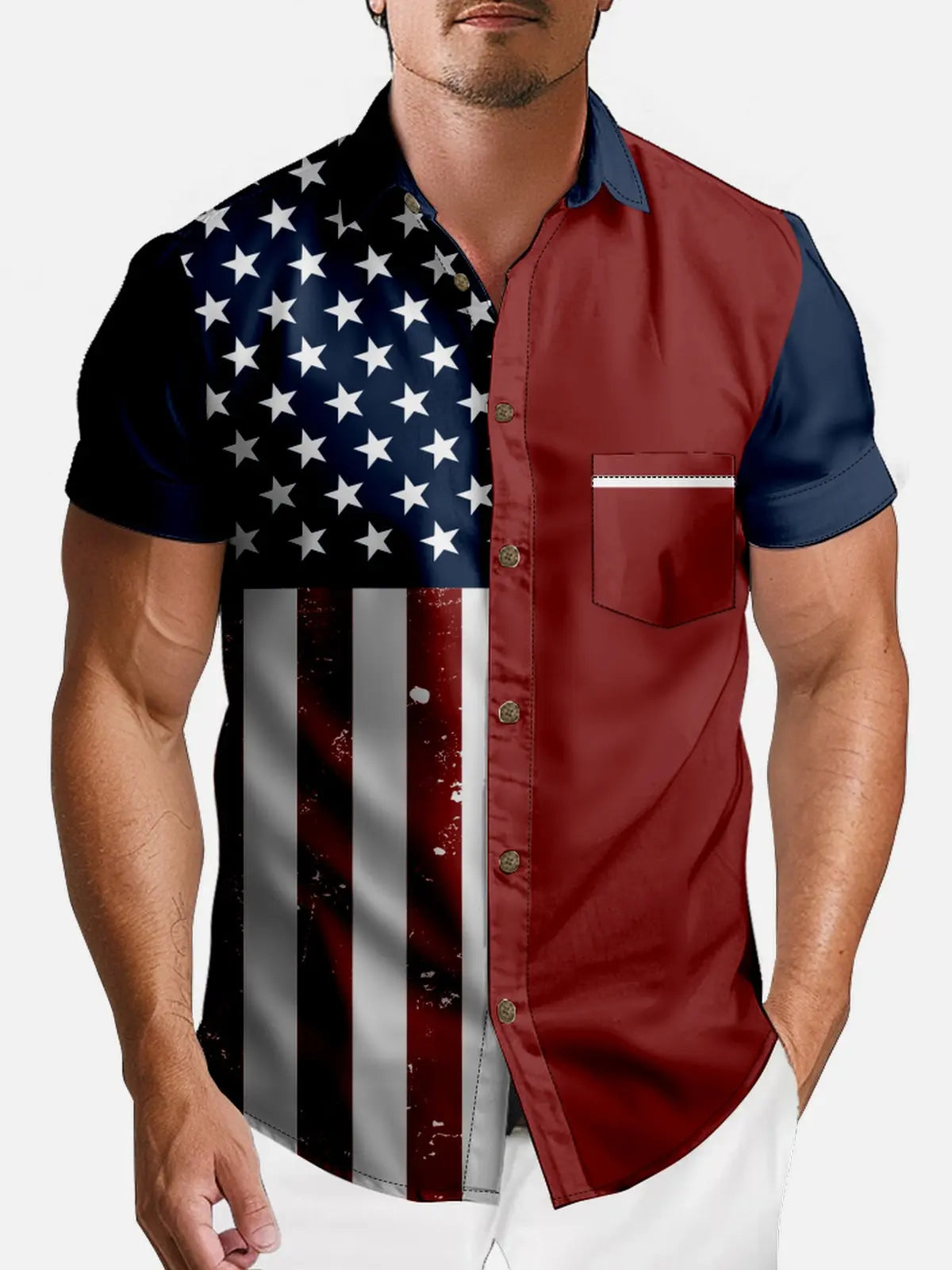 Tall Men's Classic American Flag Block Short Sleeve Shirt Eleven Oasis