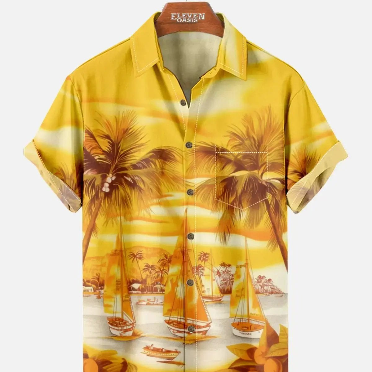 Men's Golden Sunset Paradise Hawaiian Spread Collar Short Sleeve Shirt - Magnum, P.I. Wardrobe ElevenOasis