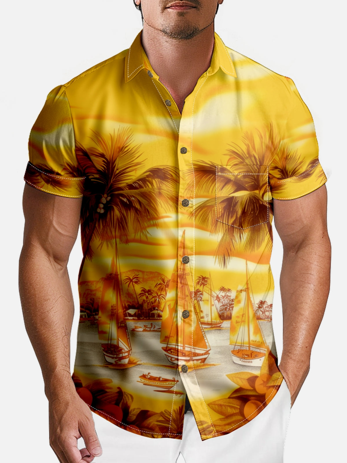 Tall Men's Golden Sunset Paradise Hawaiian Spread Collar Short Sleeve Shirt - Magnum, P.I. Wardrobe Eleven Oasis