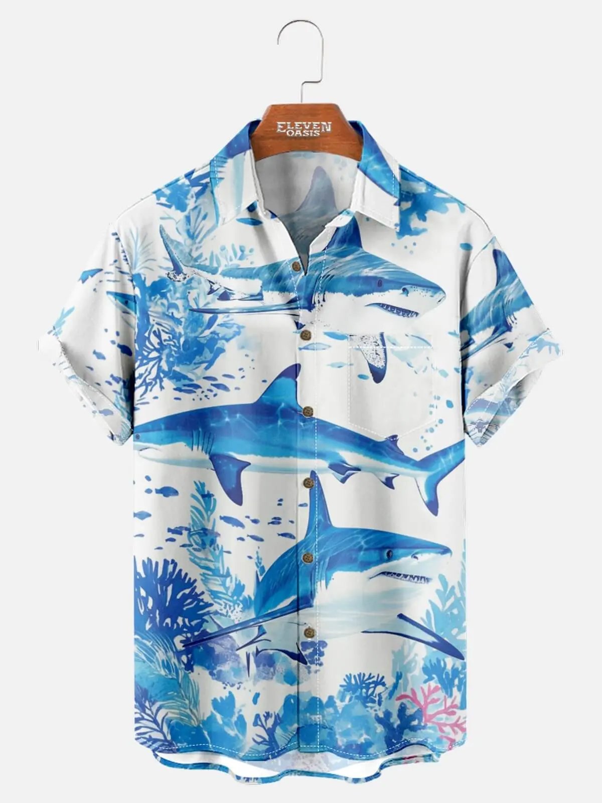 Tall Men's Watercolor Ocean Sharks Short Sleeve Shirt Eleven Oasis