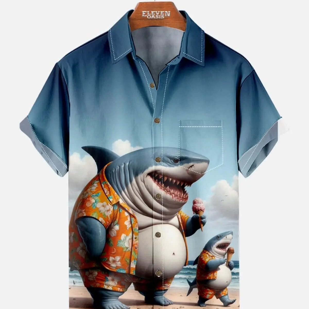 Tall Men's Vacation Shark Family Short Sleeve Shirt ElevenOasis
