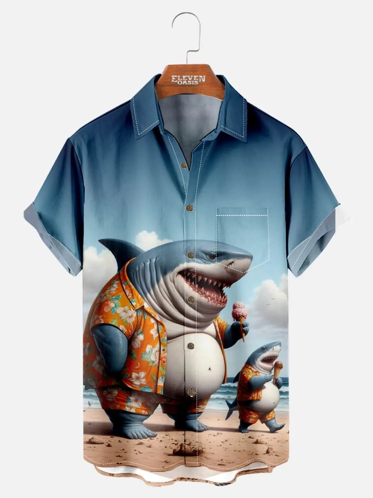 Tall Men's Vacation Shark Family Short Sleeve Shirt ElevenOasis