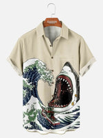 Tall Men's Japanese Wave Shark Attack Short Sleeve Shirt Eleven Oasis