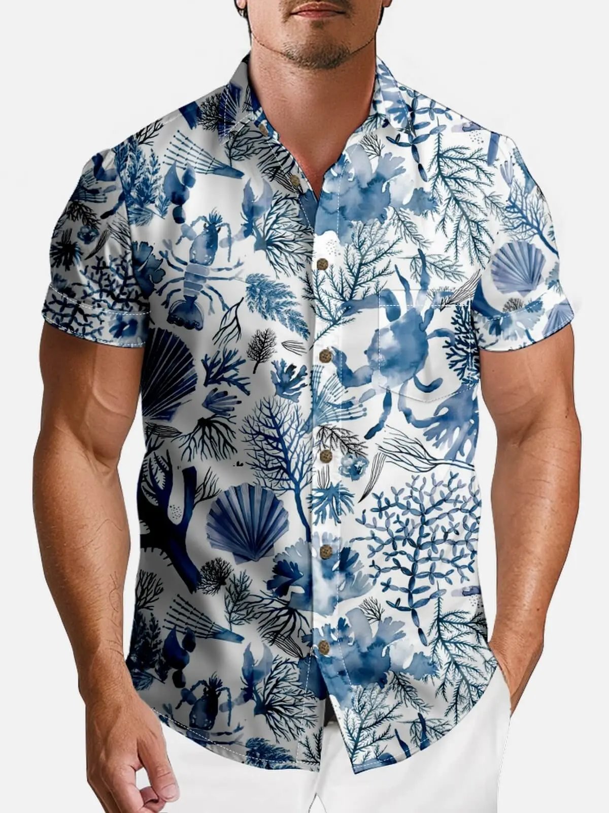 Tall Men's Ocean Reef Marine Life Hawaiian Short Sleeve Shirt Eleven Oasis