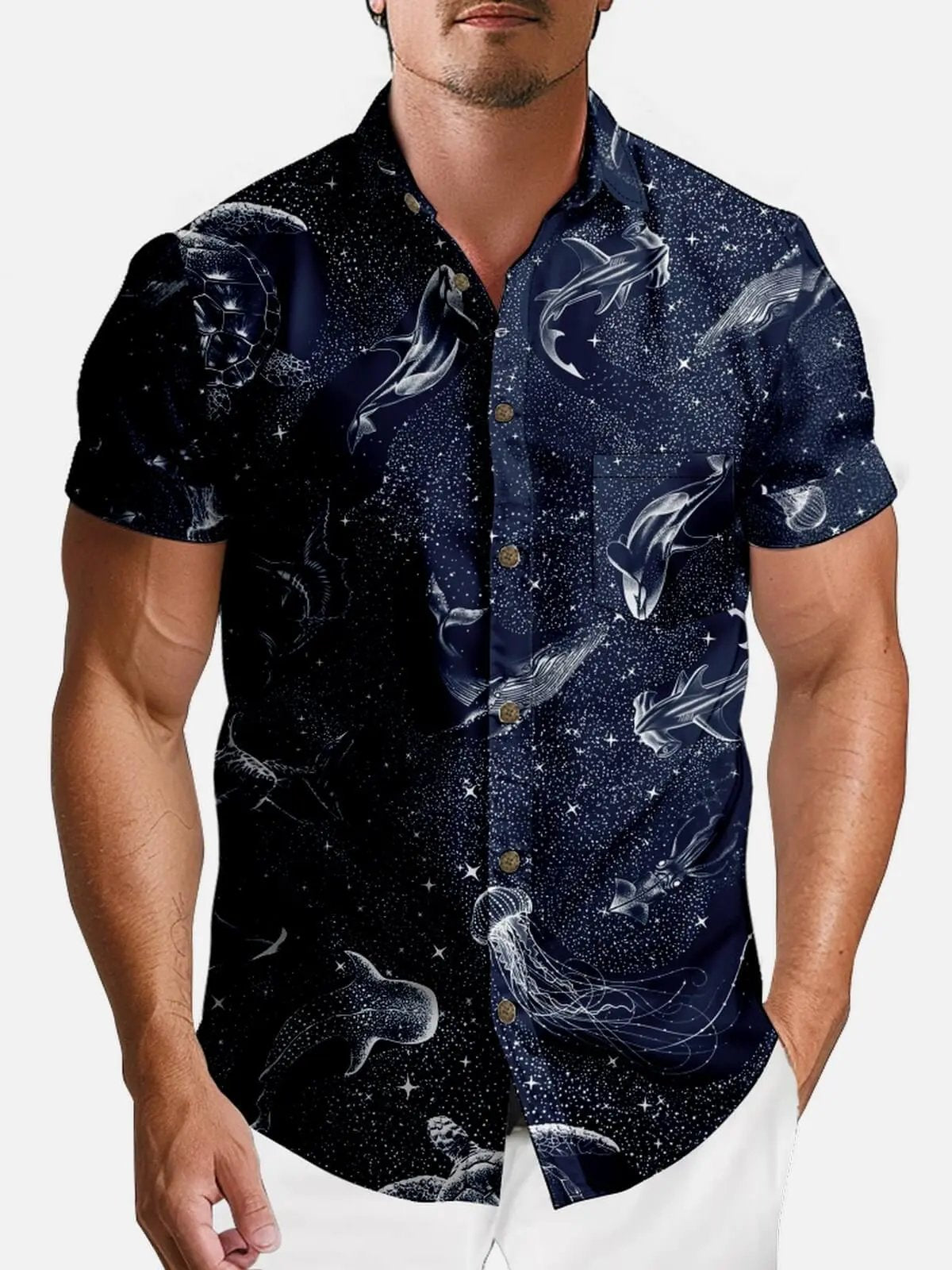 Tall Men's Cosmic Ocean Creatures Short Sleeve Shirt ElevenOasis