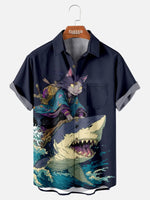 Men's Anime Cat Samurai Shark Rider Short Sleeve Shirt Eleven Oasis