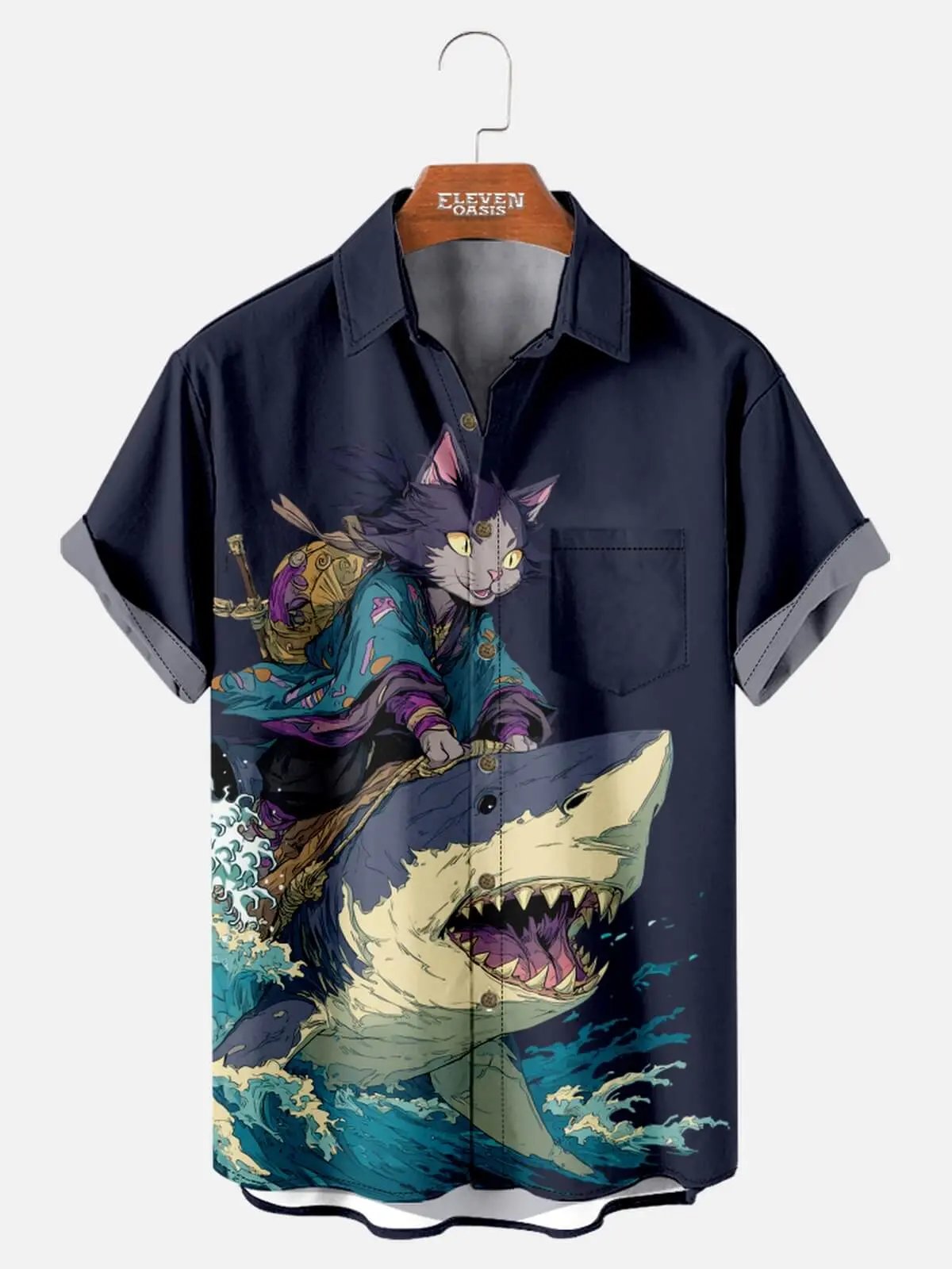 Tall Men's Anime Cat Samurai Shark Rider Short Sleeve Shirt Eleven Oasis