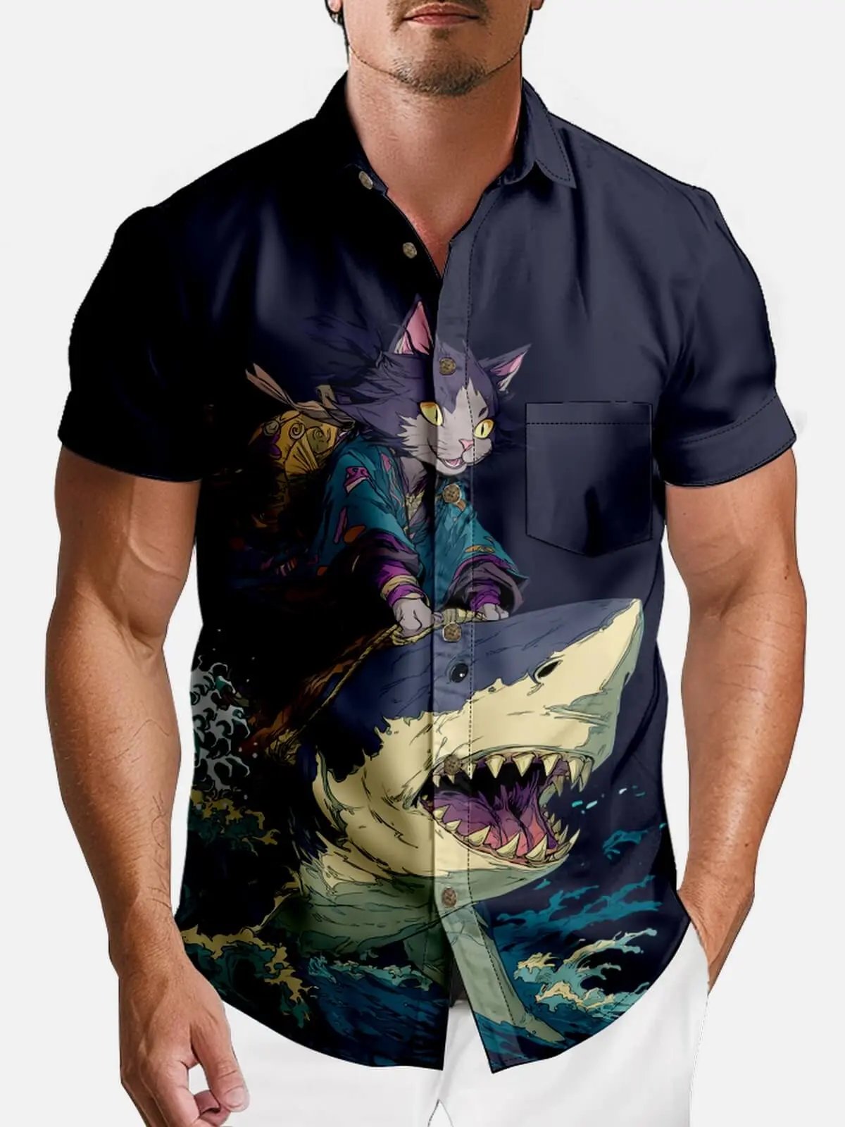 Tall Men's Anime Cat Samurai Shark Rider Short Sleeve Shirt Eleven Oasis