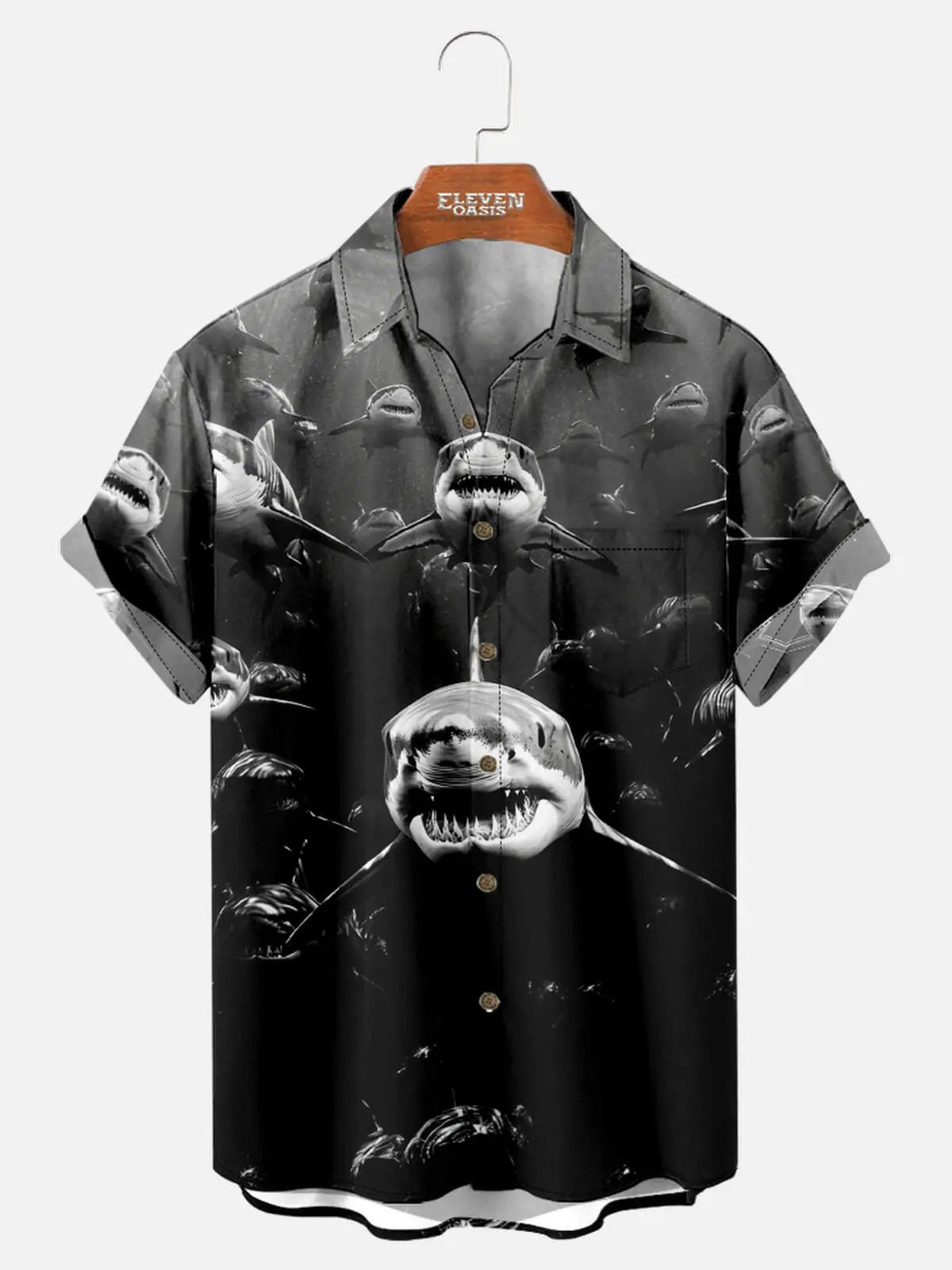 Men's Monochrome Shark Attack Short Sleeve Shirt Eleven Oasis