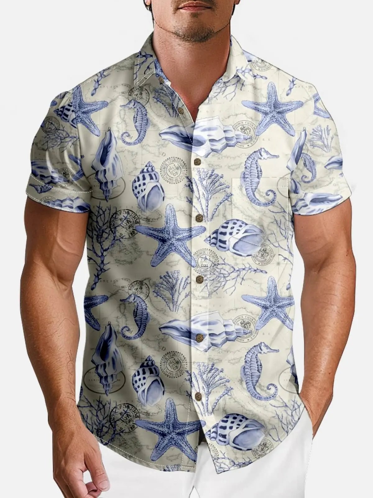 Tall Men's Coastal Treasures Short Sleeve Shirt Eleven Oasis