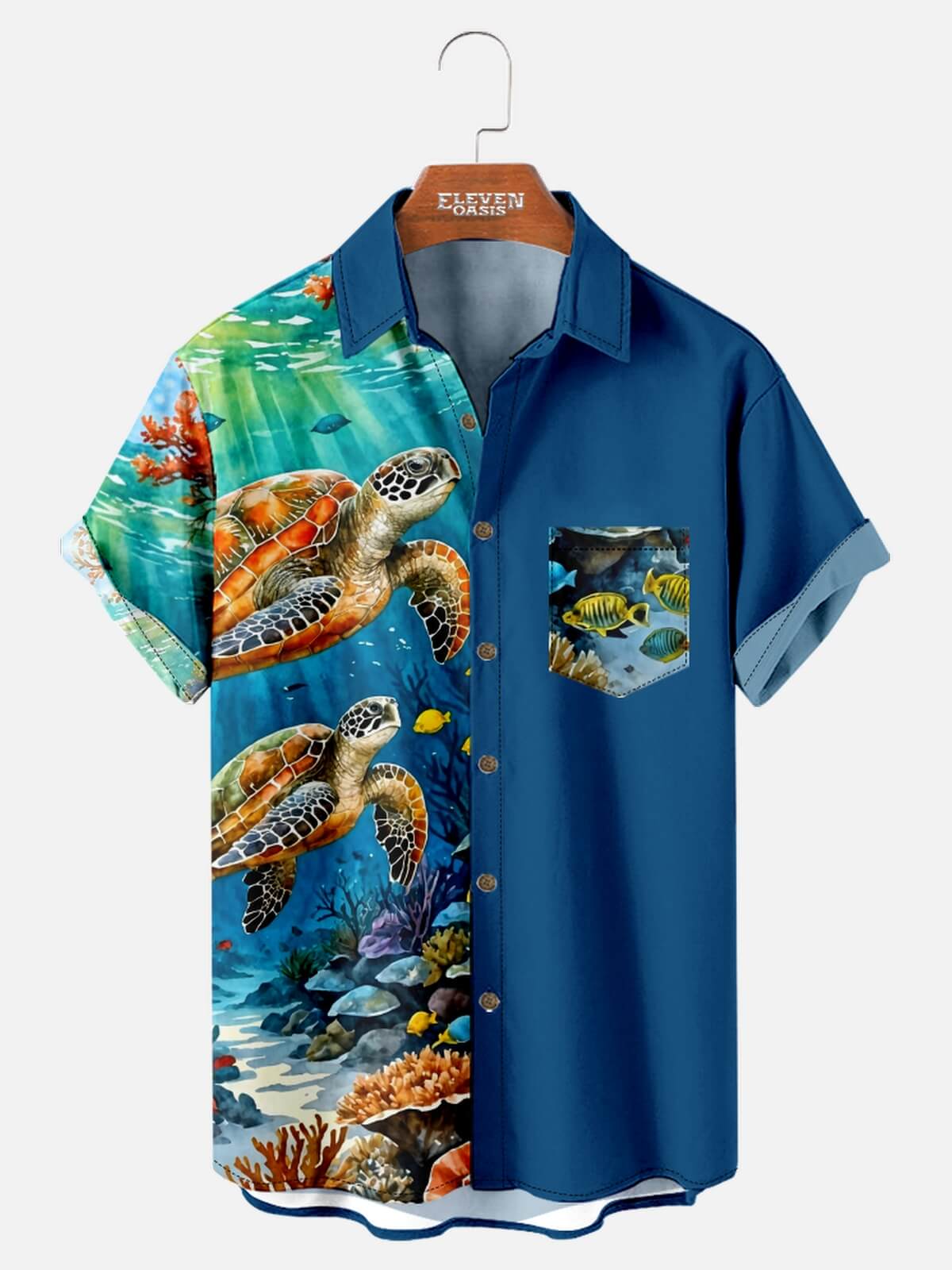 Tall Men's Sea Turtle Reef Panel Hawaiian Short Sleeve Shirt Eleven Oasis