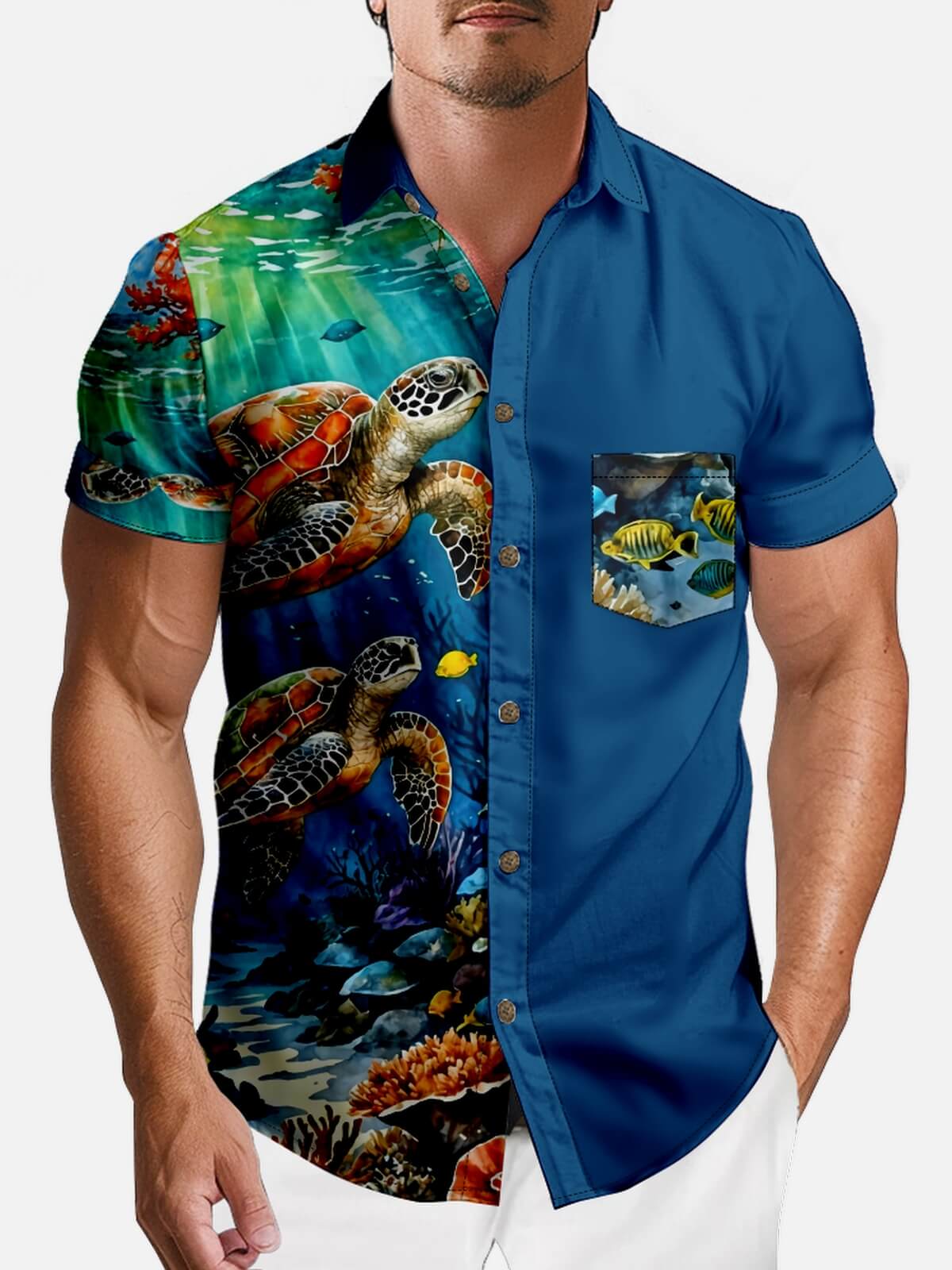 Tall Men's Sea Turtle Reef Panel Hawaiian Short Sleeve Shirt Eleven Oasis