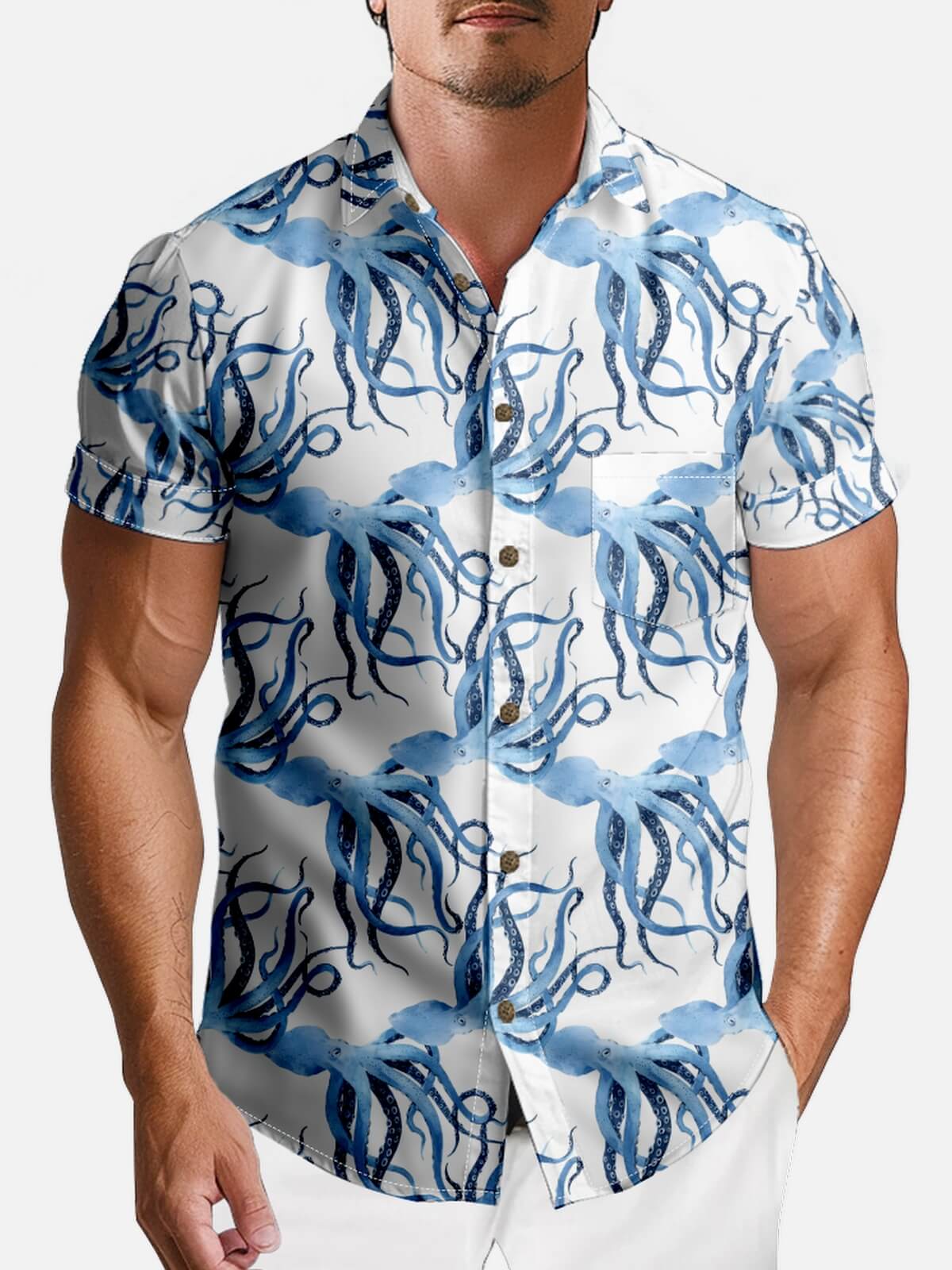 Tall Men's Ocean Octopus Print Hawaiian Short Sleeve Shirt Eleven Oasis