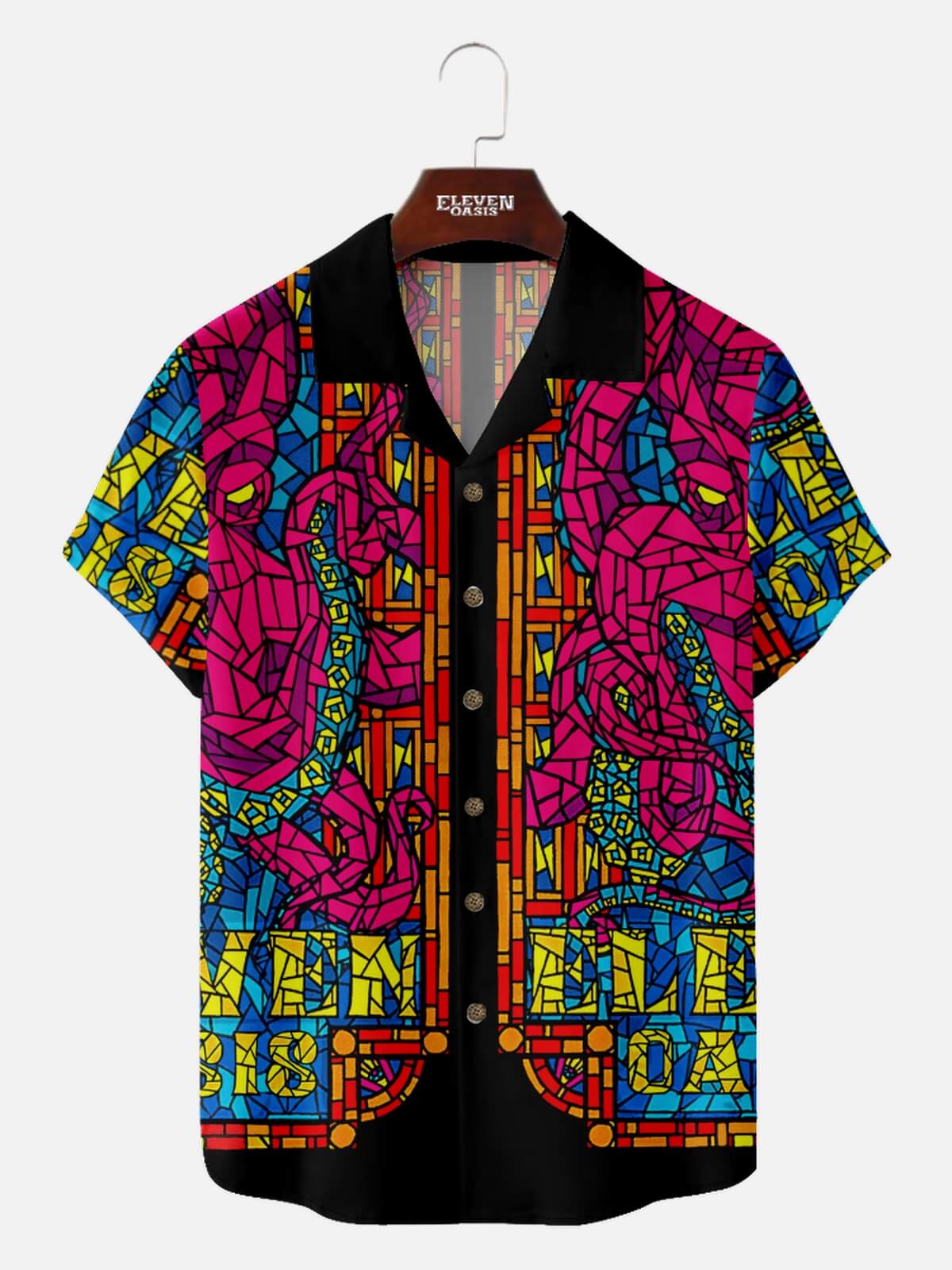 Men's Stained Glass Mosaic Kraken Hawaiian Short Sleeve Shirt Eleven Oasis