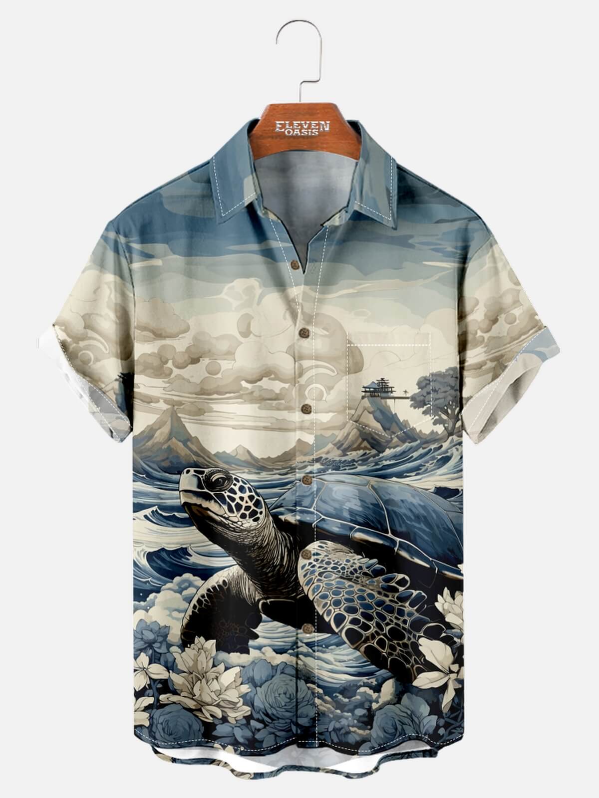 Tall Men's Japanese Wave Sea Turtle Short Sleeve Shirt Eleven Oasis
