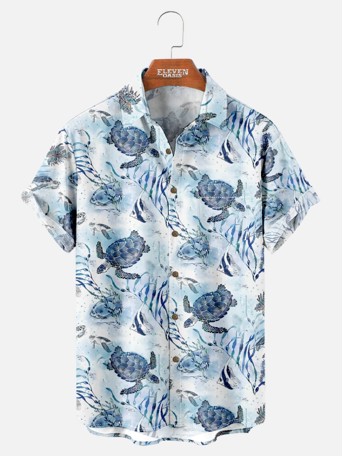 Tall Men's Sea Turtle Ocean Life Hawaiian Short Sleeve Shirt Eleven Oasis