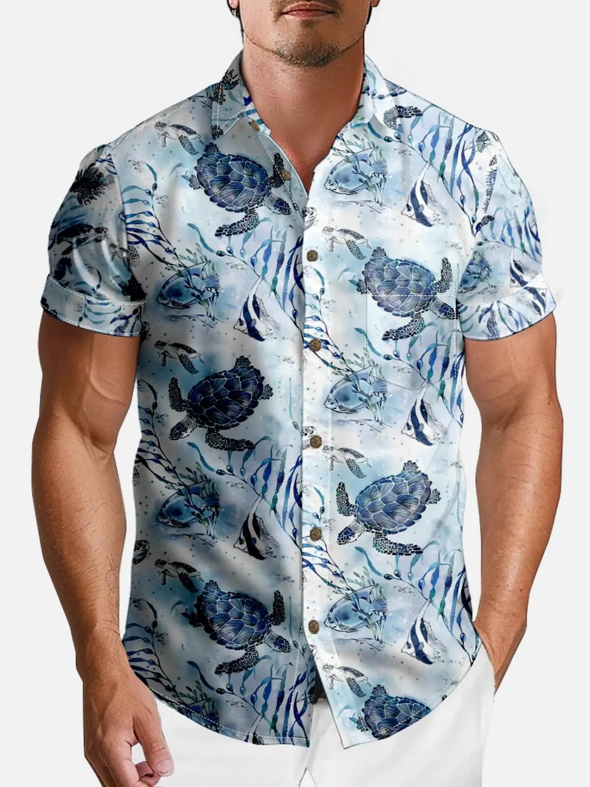 Tall Men's Sea Turtle Ocean Life Hawaiian Short Sleeve Shirt Eleven Oasis