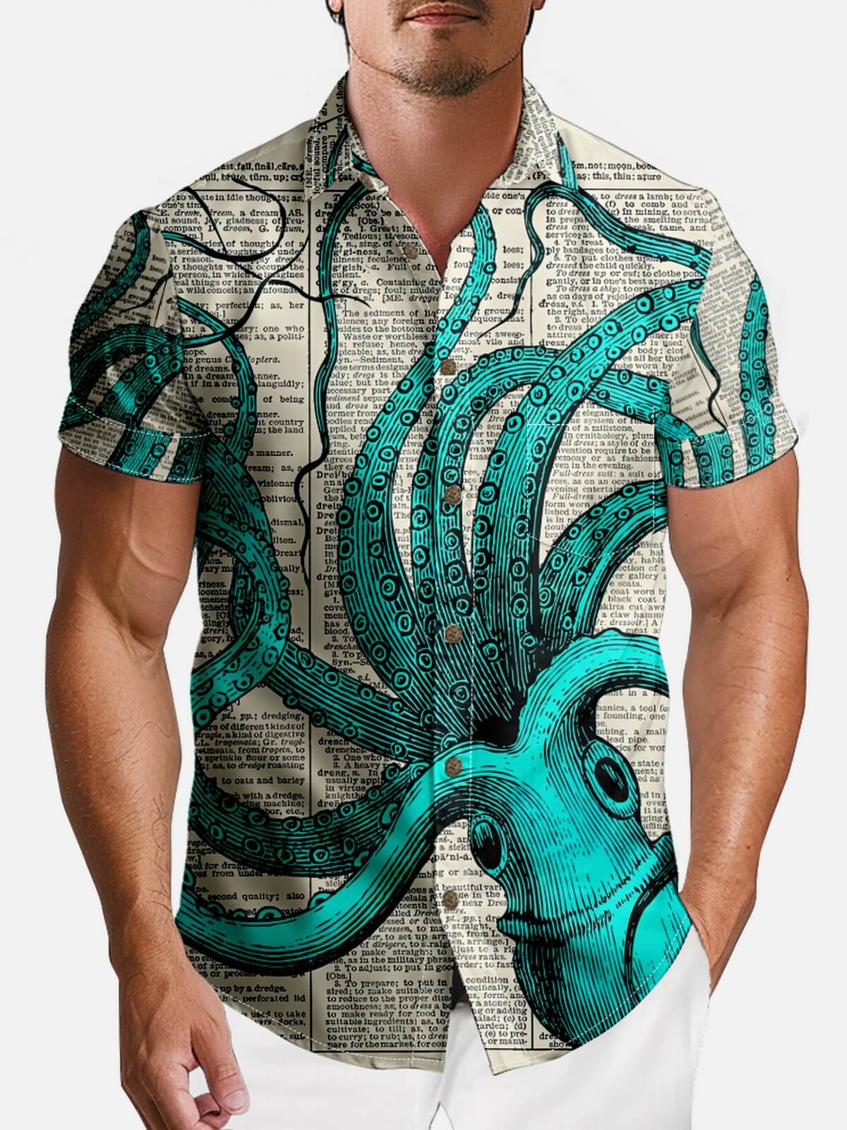Men's Vintage Newspaper Octopus Short Sleeve Shirt Eleven Oasis