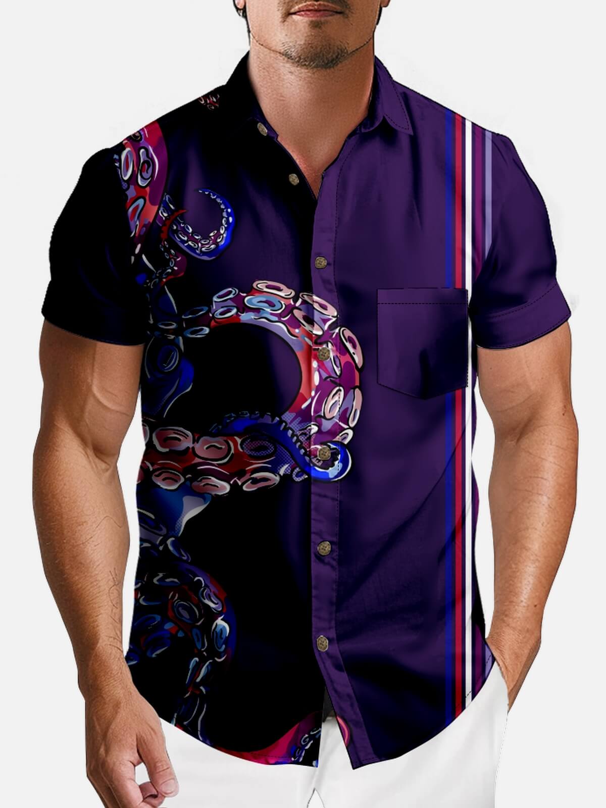 Tall Men's Tentacle Stripe Panel Short Sleeve Shirt Eleven Oasis