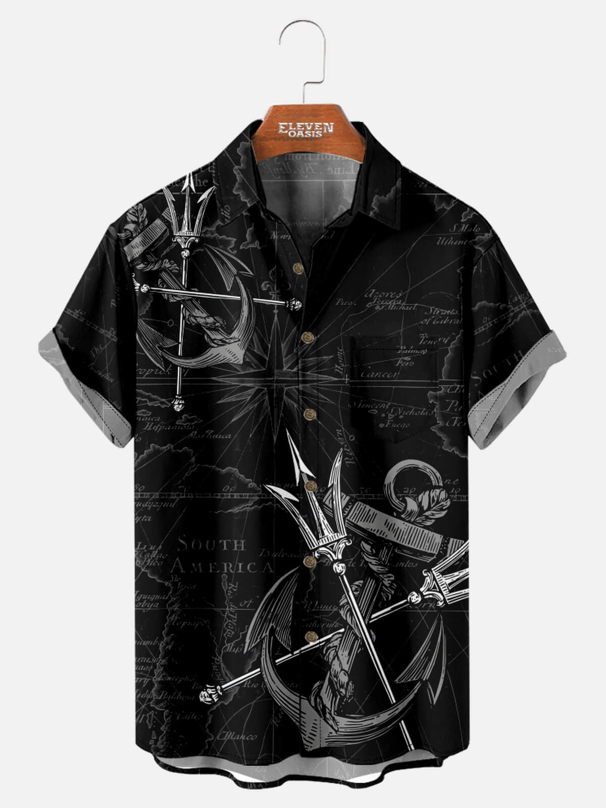 Tall Men's Trident & Anchor Nautical Map Bowling Shirt Eleven Oasis