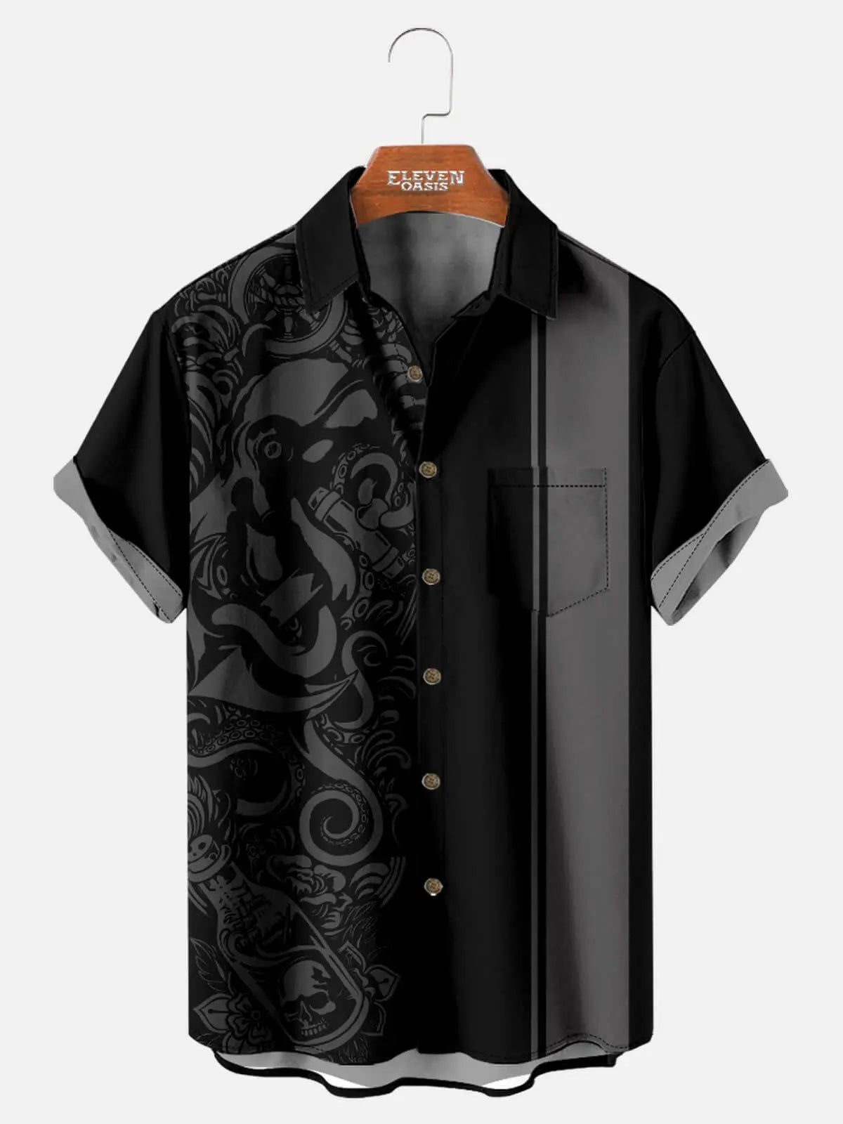 Tall Men's Blackout Kraken Tattoo Bowling Shirt Eleven Oasis