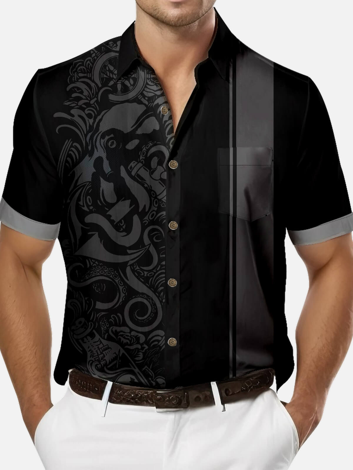 Men's Blackout Kraken Tattoo Bowling Shirt ElevenOasis