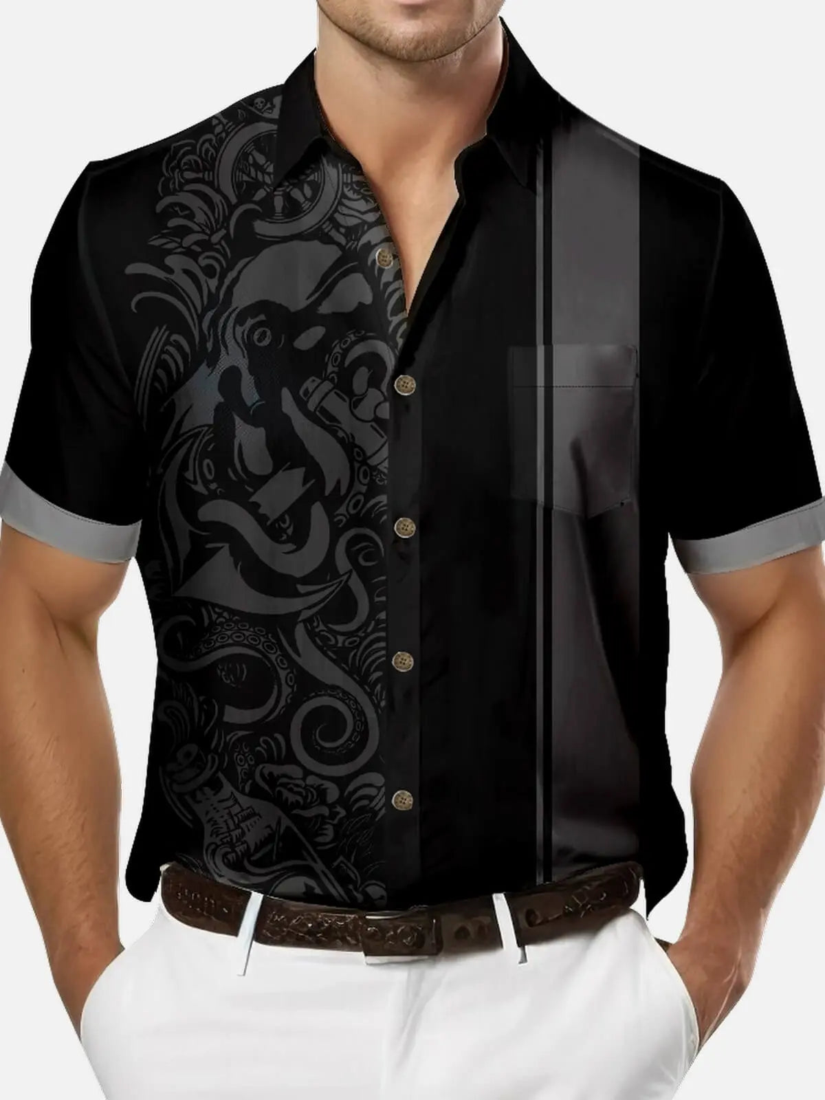 Men's Blackout Kraken Tattoo Bowling Shirt ElevenOasis