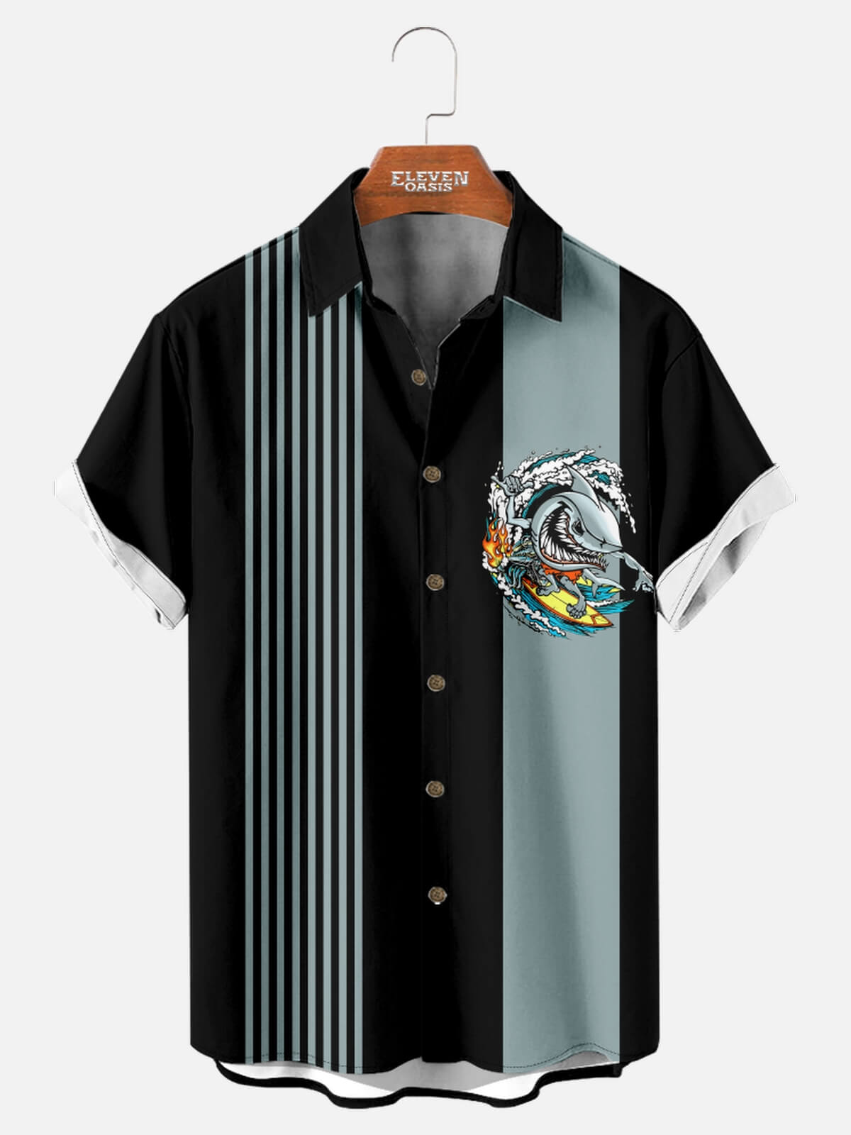 Tall Men's Surfing Shark Stripe Bowling Shirt Eleven Oasis