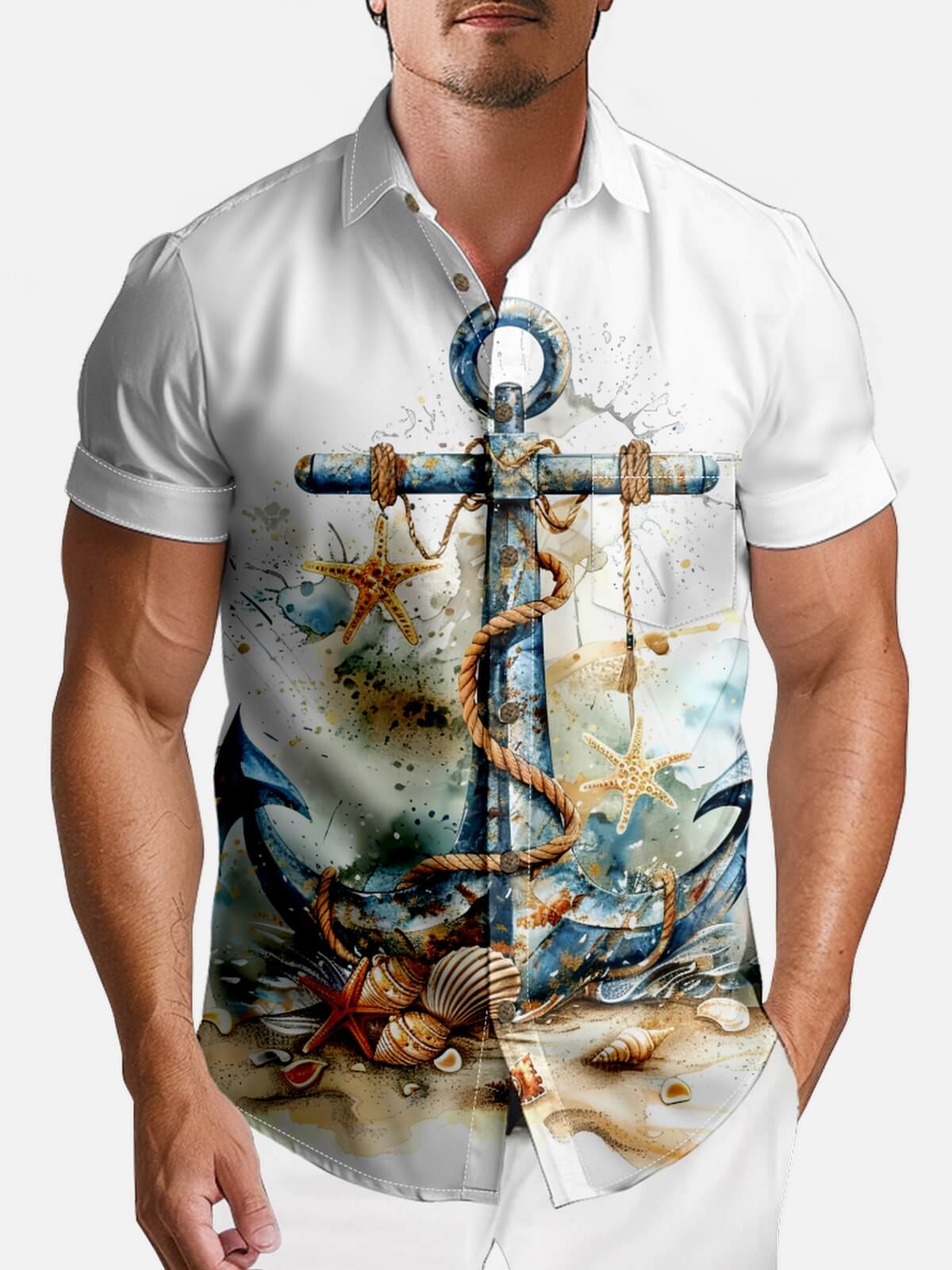 Men's Nautical Anchor & Seashell Hawaiian Short Sleeve Shirt Eleven Oasis