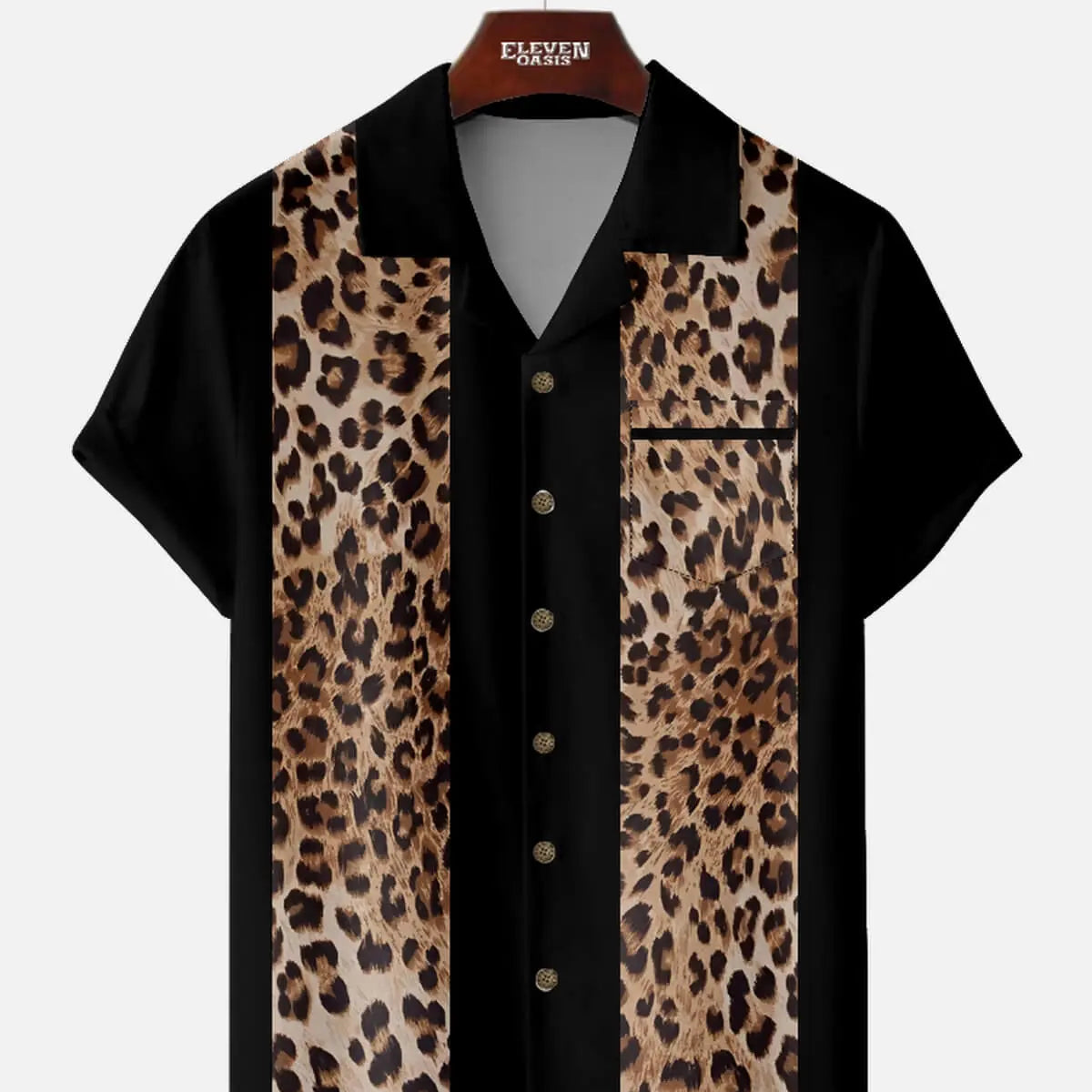 Men's Leopard Print Panel Bowling Short Sleeve Shirt ElevenOasis