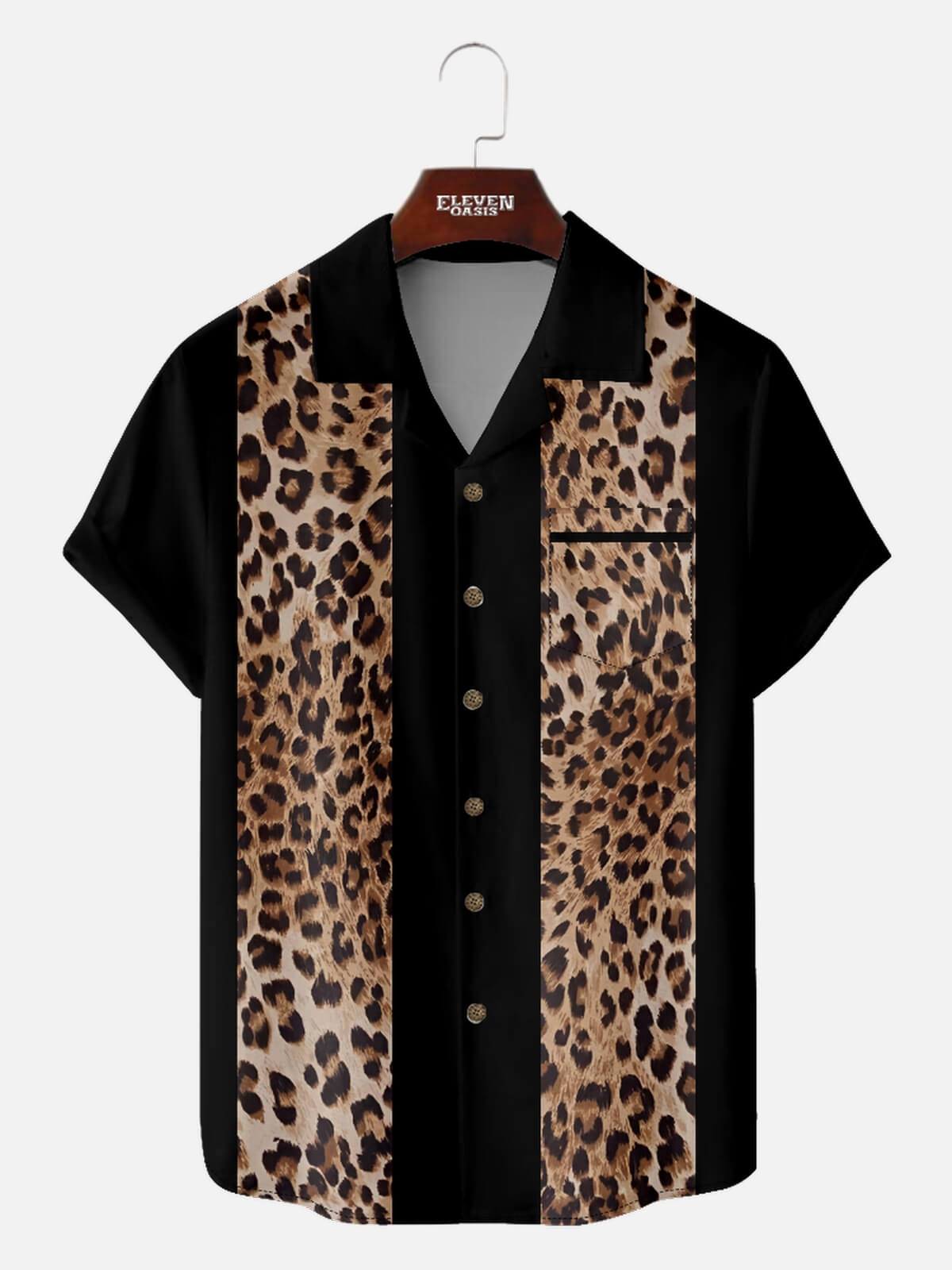 Men's Leopard Print Panel Bowling Short Sleeve Shirt ElevenOasis
