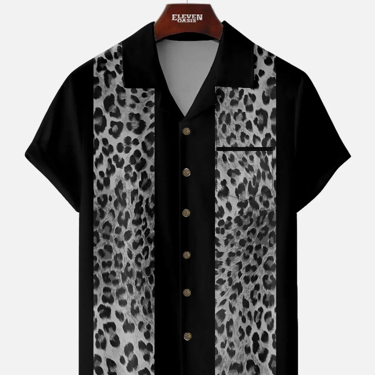 Men's Leopard Print Panel Bowling Short Sleeve Shirt ElevenOasis