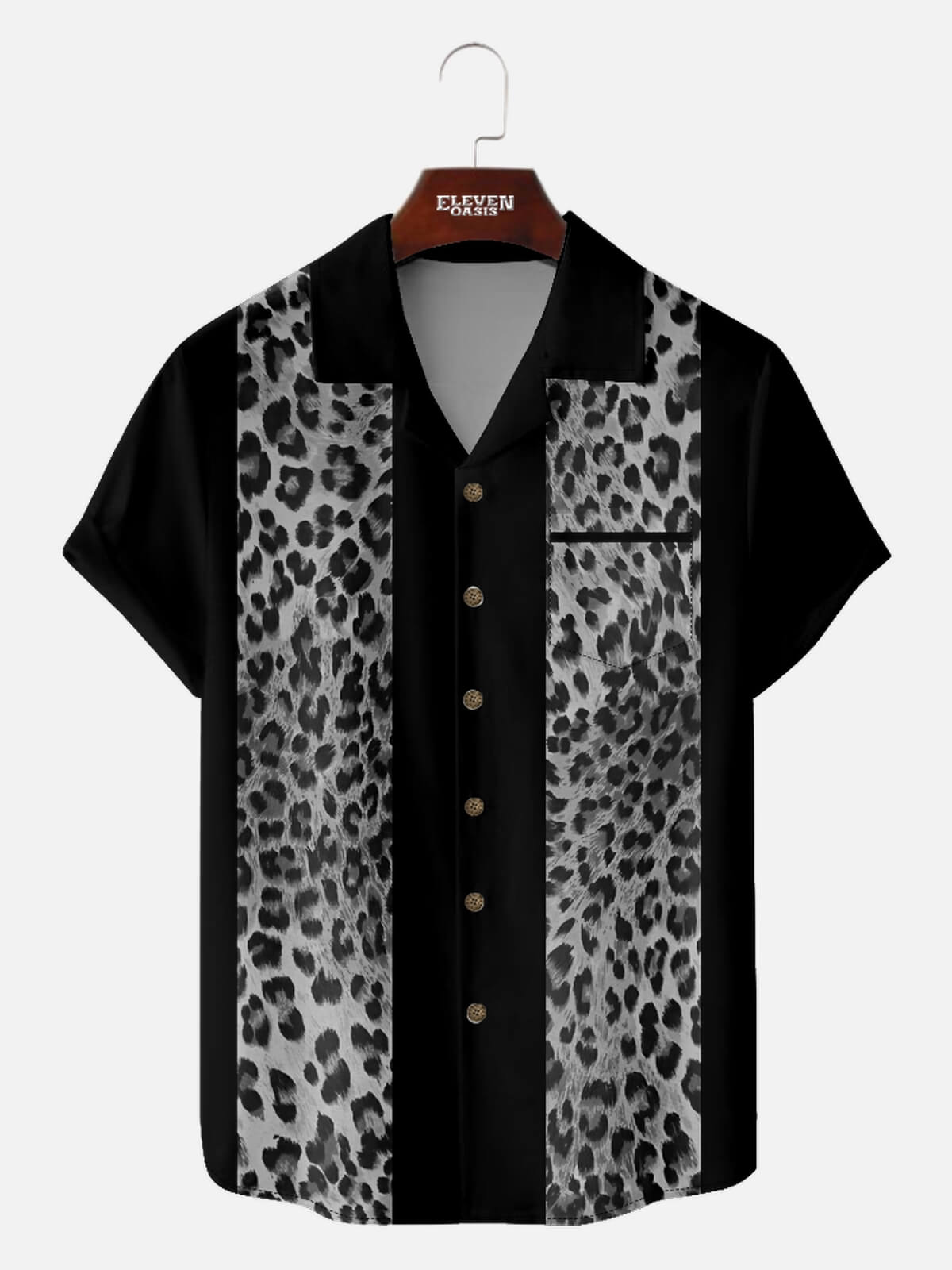 Men's Leopard Print Panel Bowling Short Sleeve Shirt ElevenOasis