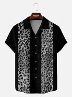 Men's Leopard Print Panel Bowling Short Sleeve Shirt ElevenOasis