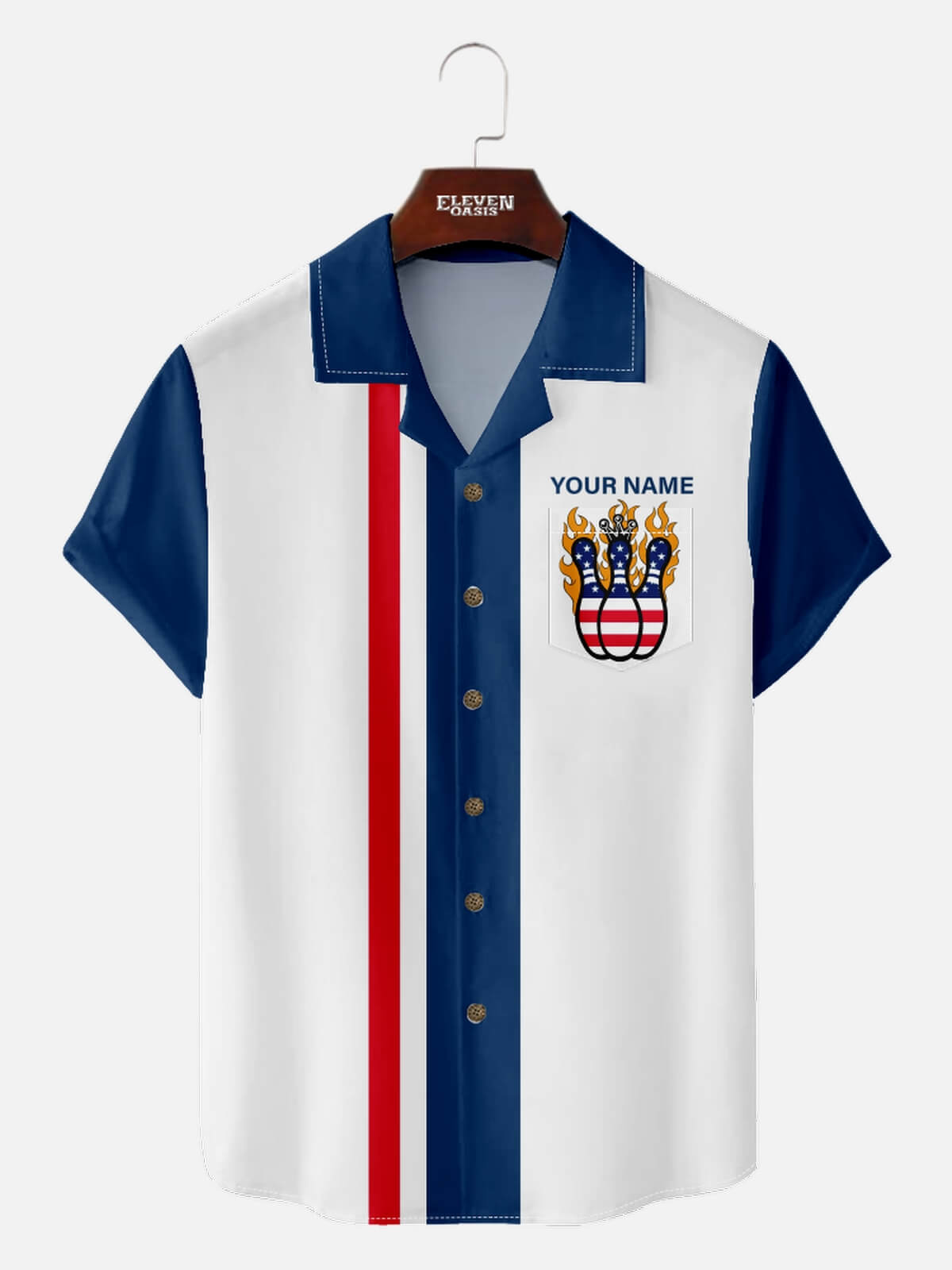 Men's Patriotic Flames Customizable Bowling League Short Sleeve Shirt Eleven Oasis