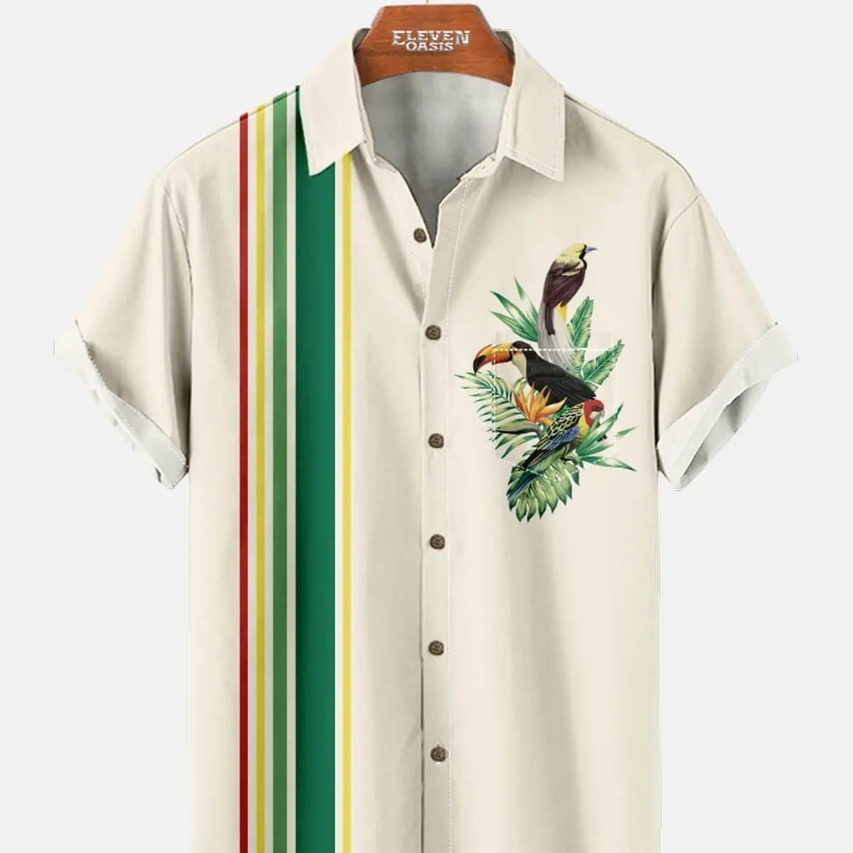Men's Tropical Toucan Stripe Short Sleeve Shirt ElevenOasis