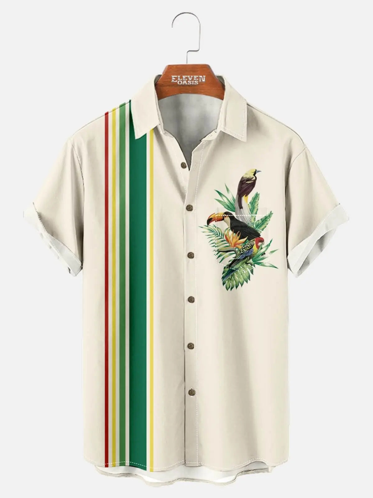 Men's Tropical Toucan Stripe Short Sleeve Shirt ElevenOasis