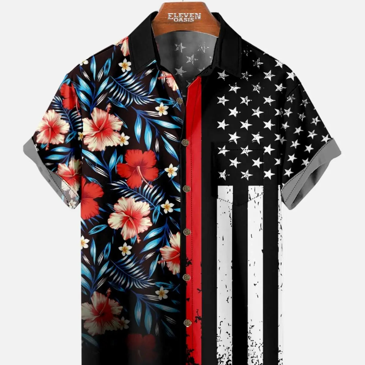 Tall Men's Split Hawaiian Flag Short Sleeve Shirt Eleven Oasis