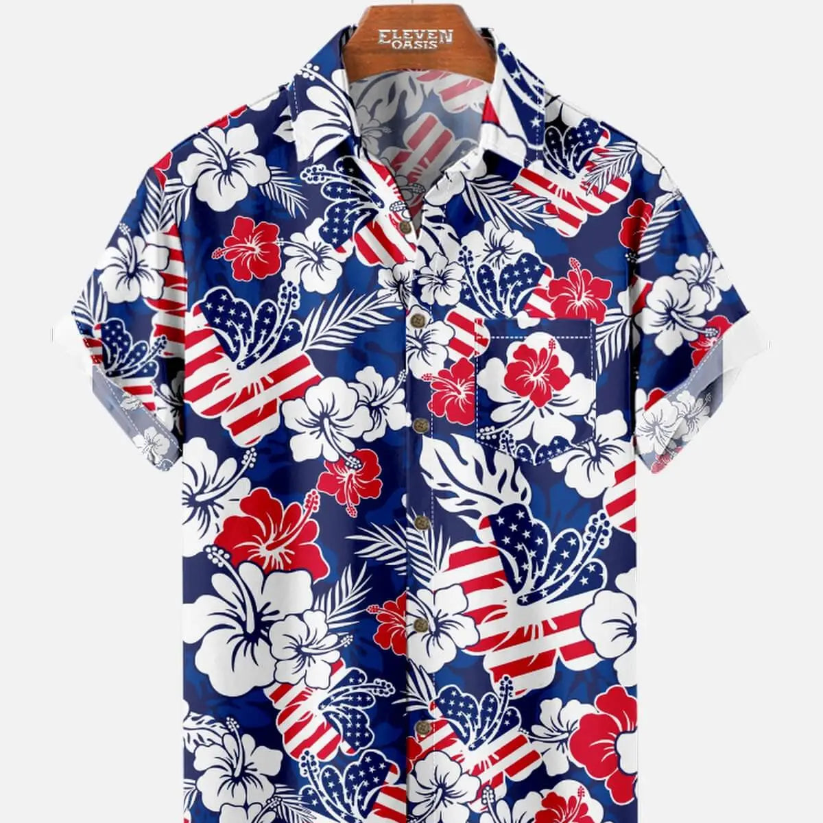 Men's Patriotic Hawaiian Floral Short Sleeve Shirt Eleven Oasis