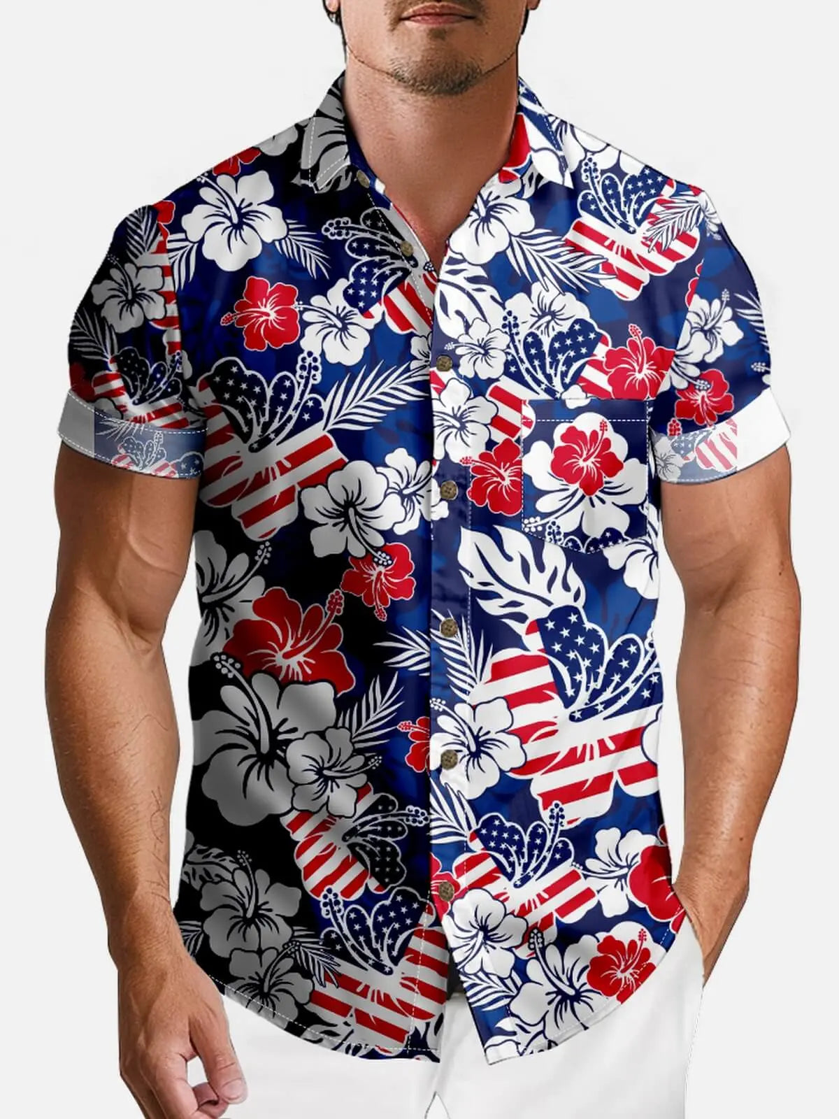 Men's Patriotic Hawaiian Floral Short Sleeve Shirt Eleven Oasis