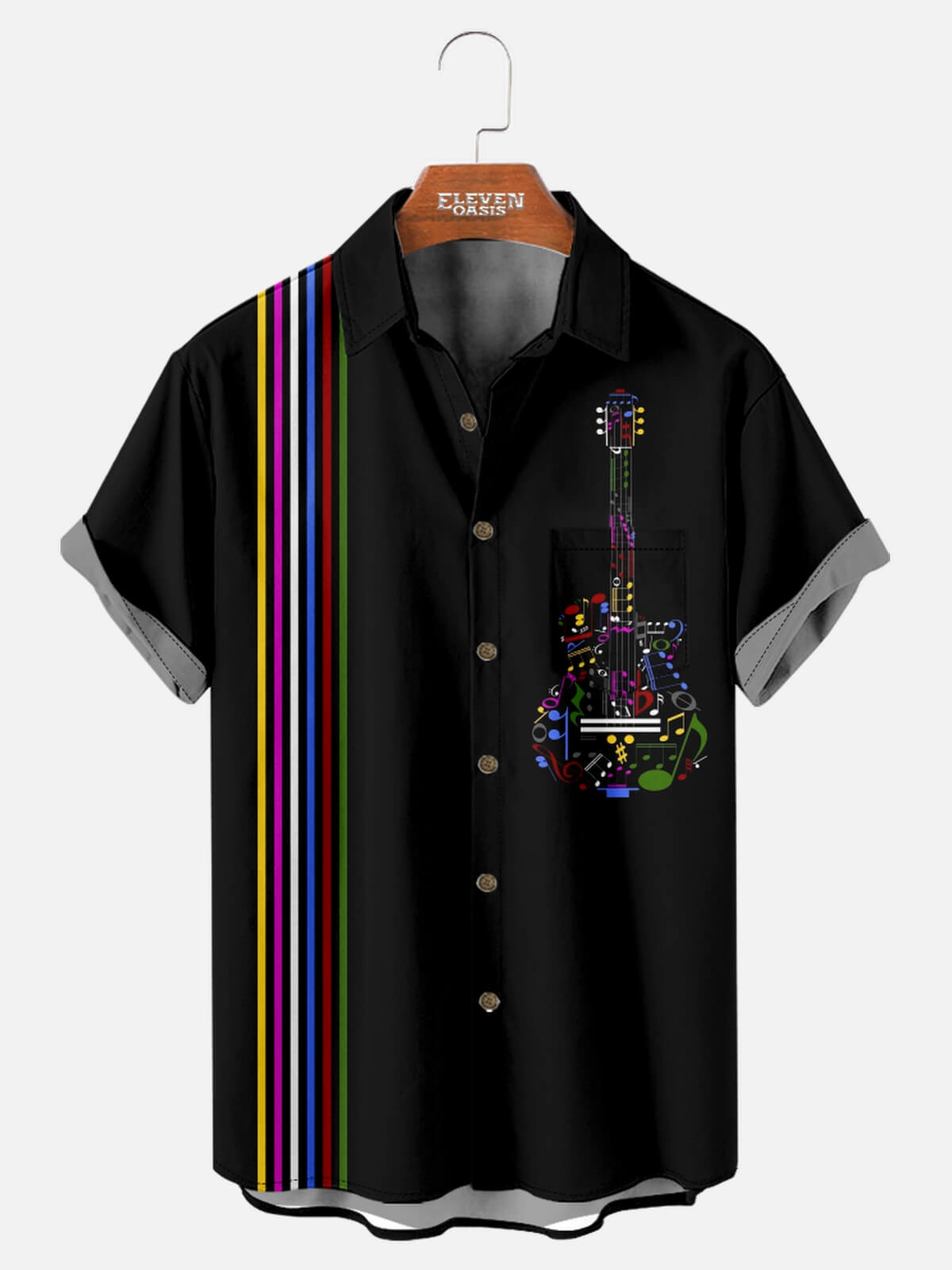 Men's Colorful Guitar and Music Notes Short Sleeve Shirt Eleven Oasis