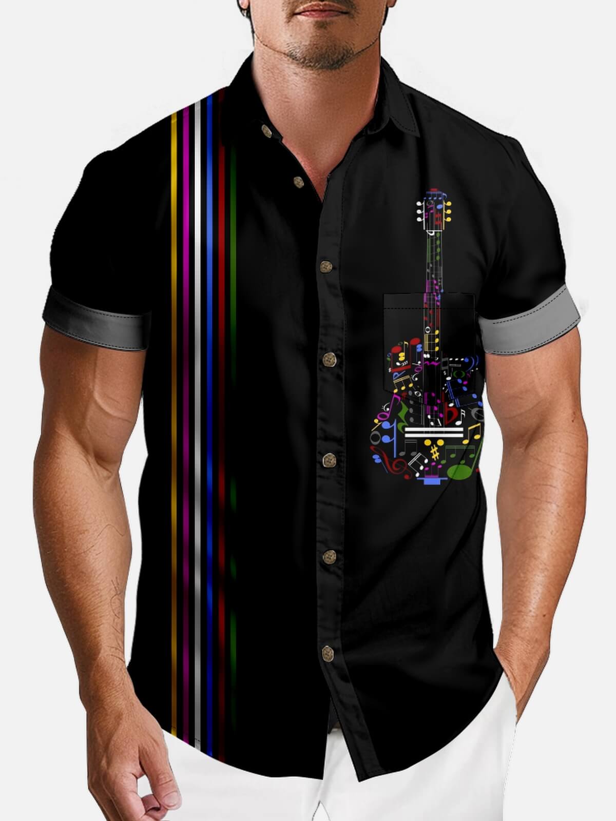 Men's Colorful Guitar and Music Notes Short Sleeve Shirt Eleven Oasis