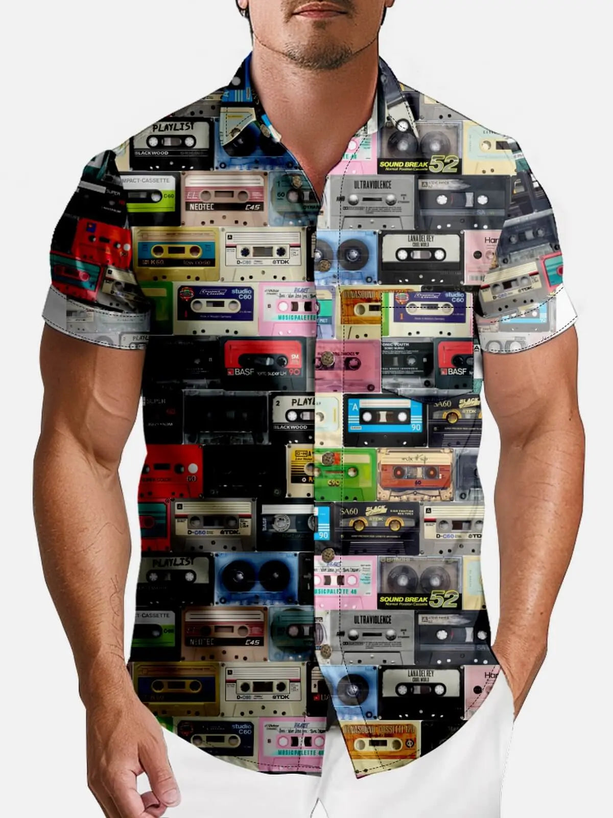 Tall Men's Cassette Tape Print Short Sleeve Shirt ElevenOasis