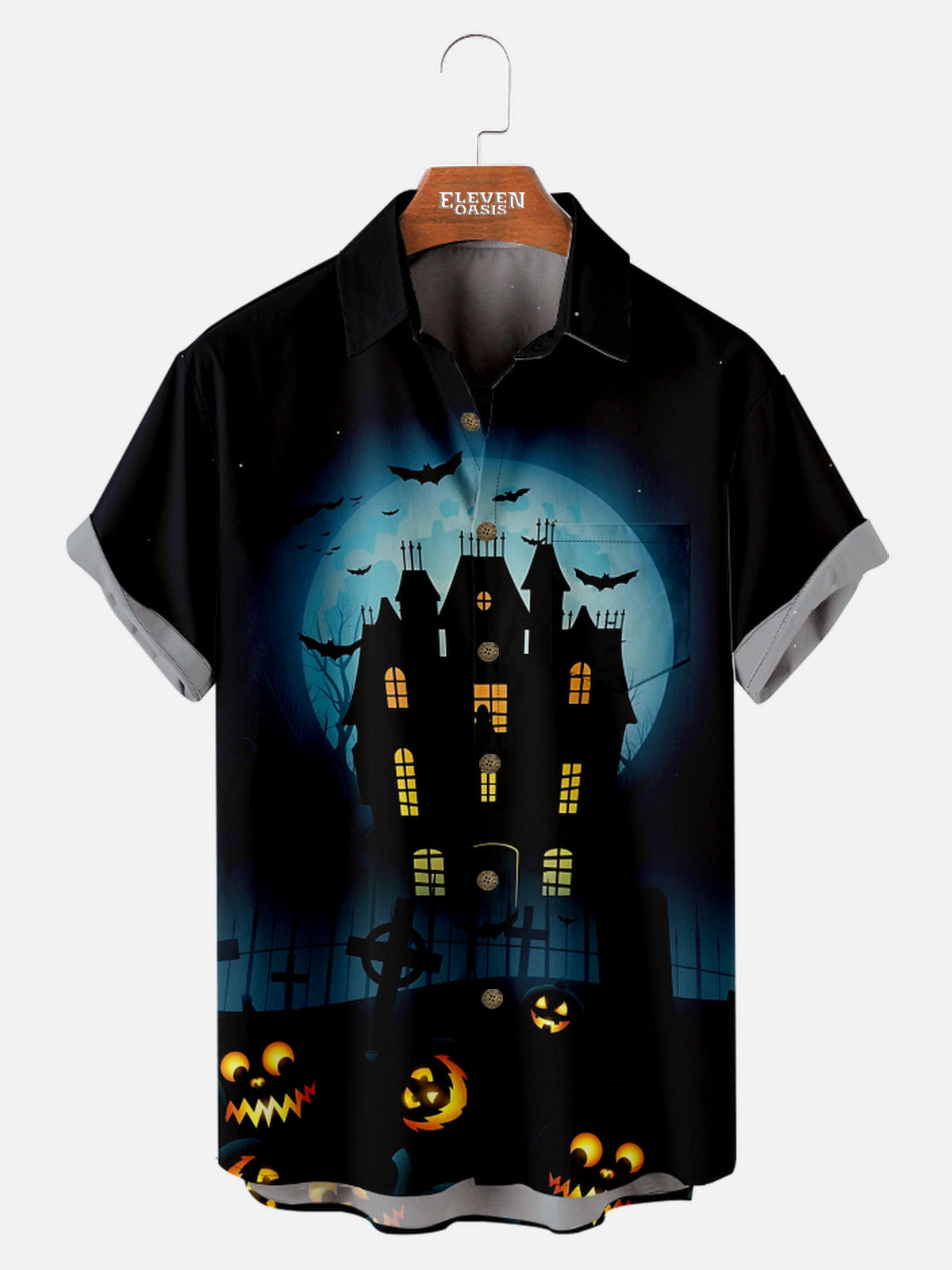 Tall Men's Haunted House Halloween Short Sleeve Shirt Eleven Oasis