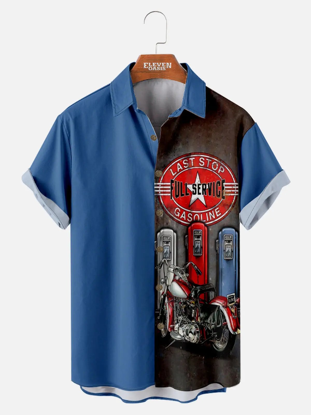 Men's Motorcycle Gas Station Printed Short Sleeve Shirt ElevenOasis