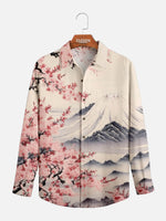 Men's Japan-Inspired Mt Fuji and Cherry Blossoms Long Sleeve Casual Shirt Eleven Oasis