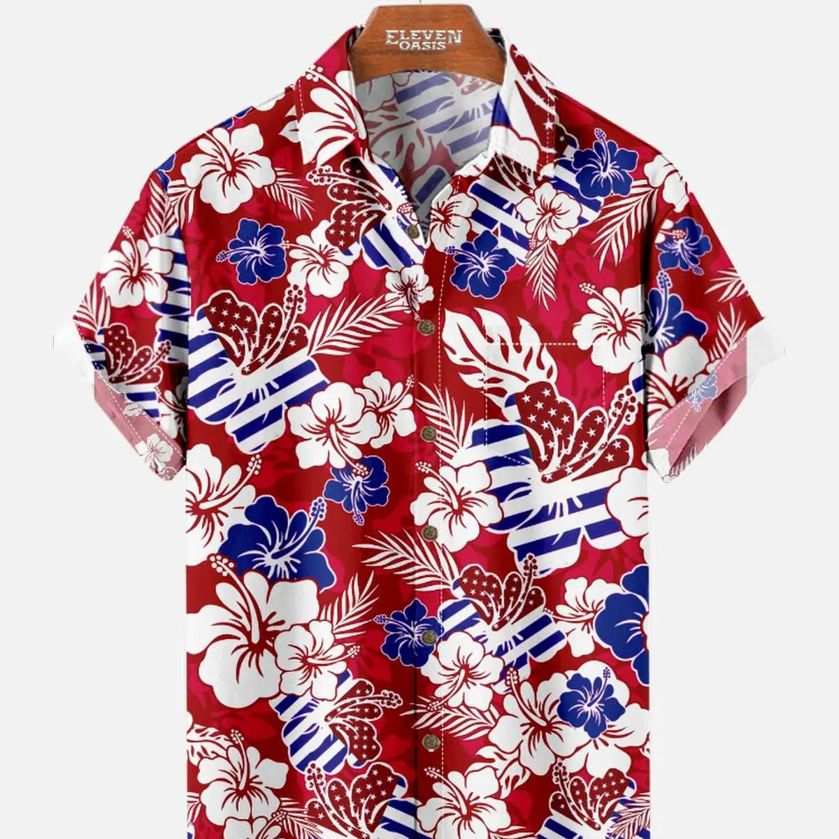 Men's Patriotic Hawaiian Floral Short Sleeve Shirt ElevenOasis
